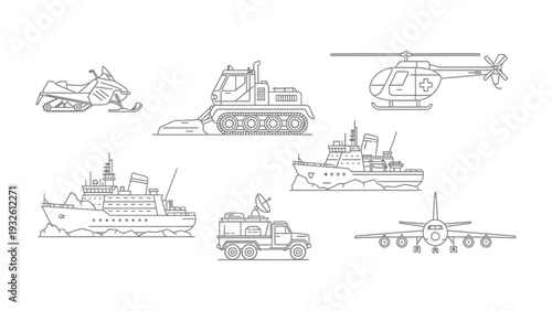 Fleet of Transport: A collection of various modes of transport, each designed for a specific purpose and terrain, stands ready for action. 