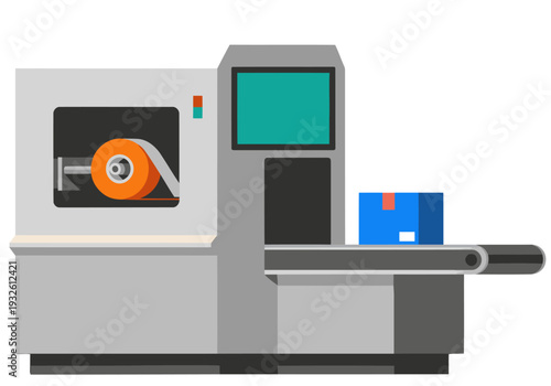 Automated packaging station efficiently sorts and packs boxes. Clean, modern design with digital display. Ideal for logistics and e-commerce visuals.
