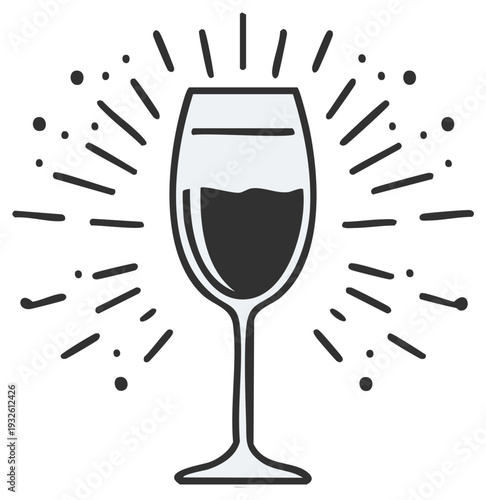 Celebration wine glass with radiating lines and dots, symbolizing joy and festivity.