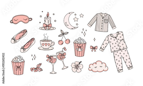 Cute Pajama Party and Girls Night Icon Set in Pastel Outline Vector