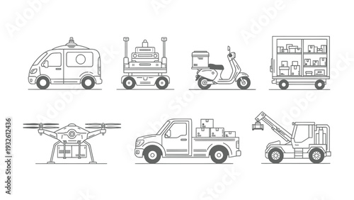 Logistics vehicles: A set of schematic illustrations depicting various modern vehicles for logistics and delivery purposes, designed with simple lines and shapes.