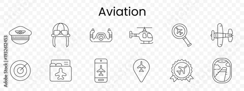 Aviation set icon. Line flight symbols, pilot cap, aviator hat, control yoke, helicopter, airplane search, radar target, boarding pass, mobile ticket, location pin plane, flight badge, window view