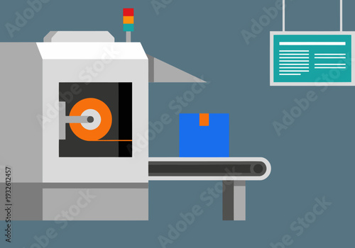 An automated packaging station processes a box on a conveyor belt. Clean, modern design with data display. Ideal for industrial or logistics visuals.