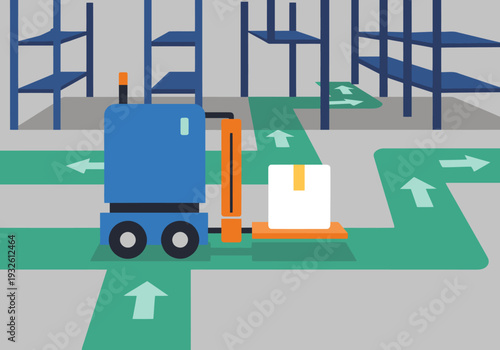 Autonomous mobile robot transports an AMR carrier with a package through a warehouse. Clear path markings guide movement. Modern logistics illustration.
