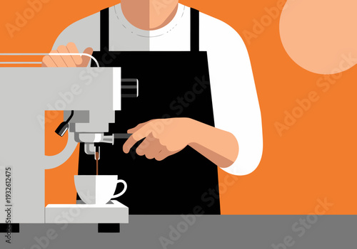 Barista expertly pulls espresso, creating latte art. Focus art style, vibrant orange background. Perfect for coffee shops and beverage branding.