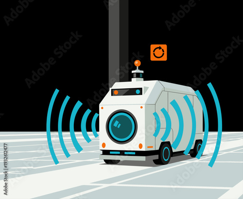 An autonomous shuttle navigates a warehouse, utilizing advanced technology and sensors. Modern logistics, automated transport, and a clean, futuristic design.  Clear composition and vibrant colors.