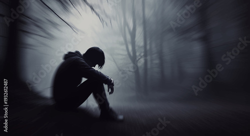 Man Sitting Alone in Dark Forest.