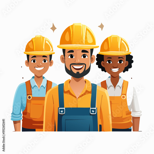 Diverse group of construction workers wearing hard hats and overalls.