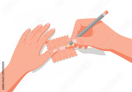 A designer sketches a bio swatch on paper with a pencil. Detailed texture and focus on the design process. Clean, modern illustration.