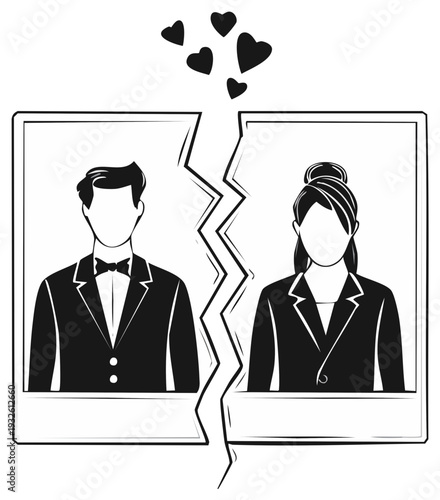 Divorce breakup concept man and woman portraits split in half with hearts above