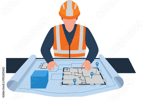 A construction manager studies a blueprint, utilizing a plan and markers. Professional, detailed, and focused. Ideal for business and construction themes.