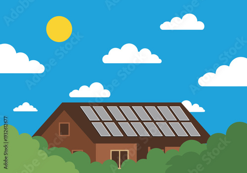 A cozy solar-powered home nestled in a green landscape under a bright blue sky with fluffy clouds. Perfect for summer imagery and sustainable living concepts.