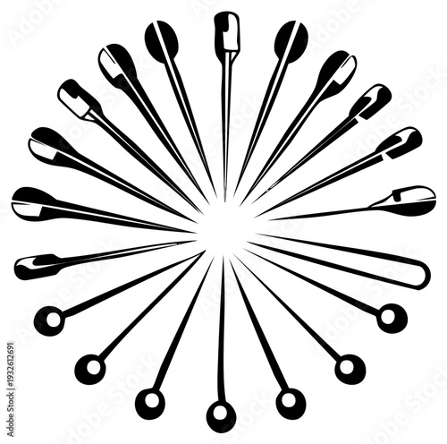 Radial Arrangement of Sewing Pins and Needles Forming a Circular Starburst Pattern