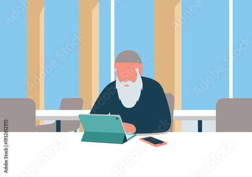 An elderly man works on a laptop in a modern cafe. Focused and serene, he embodies digital nomad lifestyle. Clean, bright, and professional.