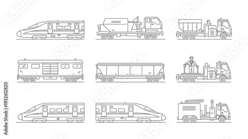 Trains: An illustrated collection of diverse trains showcases transportation technology and engineering. Ideal for illustrating railway infrastructure.