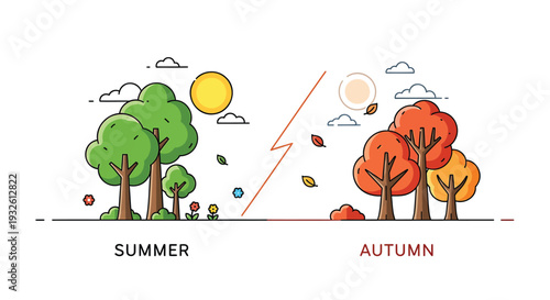 Vector illustration of summer to autumn seasonal change