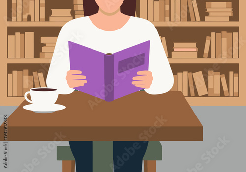 A woman enjoys a cozy reading session in a library cafe, sipping coffee and engrossed in a book. Warm, inviting atmosphere. Perfect for lifestyle and focus themes.