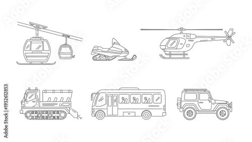 Transportation Icons: An assortment of line art illustrations showcases various modes of transportation. 