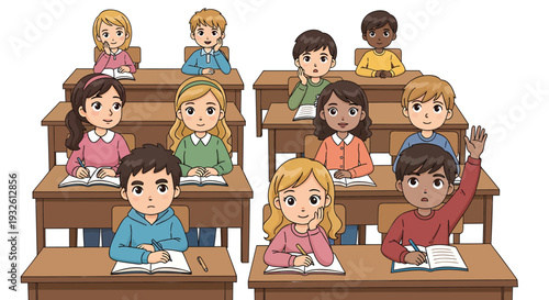 Vector illustration of 12 diverse students in classroom setting