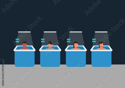 Four figures immerse themselves in social wellness plunge group experience A modern minimalist design highlights connection and well-being Clean lines and a cool color palette create a calming visual