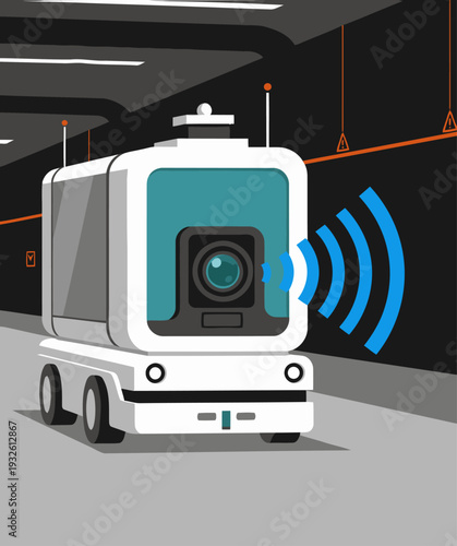 A futuristic robot shuttle navigates a dark underground tunnel, utilizing wireless communication. Modern logistics tech illustration.