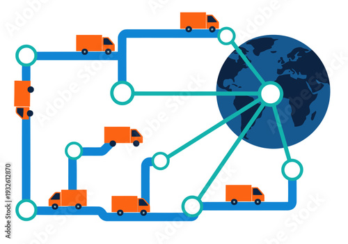Global logistics network illustrated with trucks connecting worldwide points modern clean design showcases efficient distribution and interconnectedness Ideal for business and technology concepts