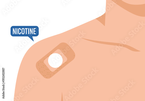 A graphic illustration depicts a nicotine patch on a shoulder, alongside text emphasizing ?Nicotine Health Quit.? Clean, modern design with a focus on cessation.