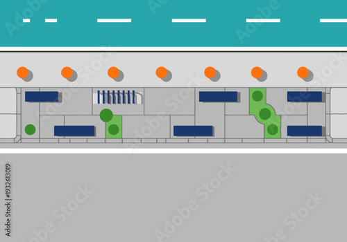 Illustrative curb extension safety zone design featuring seating, planters, and a pedestrian crossing. Clean, modern style for urban planning visuals.