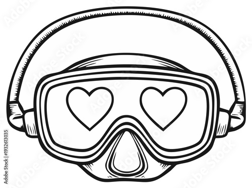 Black and white illustration of a diving mask with heart-shaped lenses