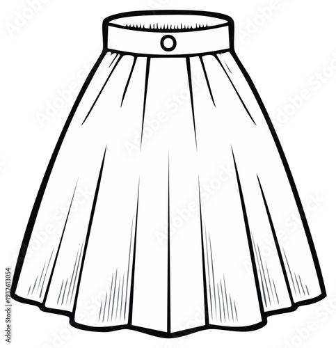 Outlined flared skirt drawing, fashion illustration, black and white