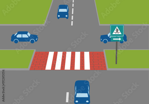 Illustrative diagram showcases a raised pedestrian crossing with a clear sign. Cars navigate safely around the crossing, emphasizing pedestrian safety and a modern urban environment.