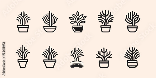 Minimalist Potted Plants and Trees Outline Icon Set