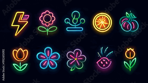 Neon Icons Flowers Fruits Symbols.