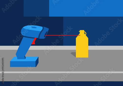 A laser scanner reads a yellow bottle at a retail desk. Clean, modern illustration for business and technology concepts.