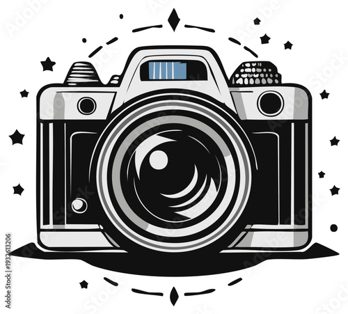 Retro film camera with vintage design and sparkling stars for photography concept