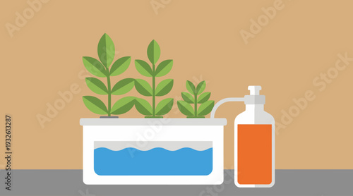 A modern herb garden kit with nutrient solution. Clean, flat design illustration. Ideal for gardening, health, and lifestyle visuals.