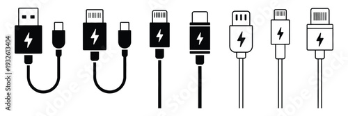 USB port flat vector design, computer and mobile charging connectors, type A socket, lightning plug, type C interface