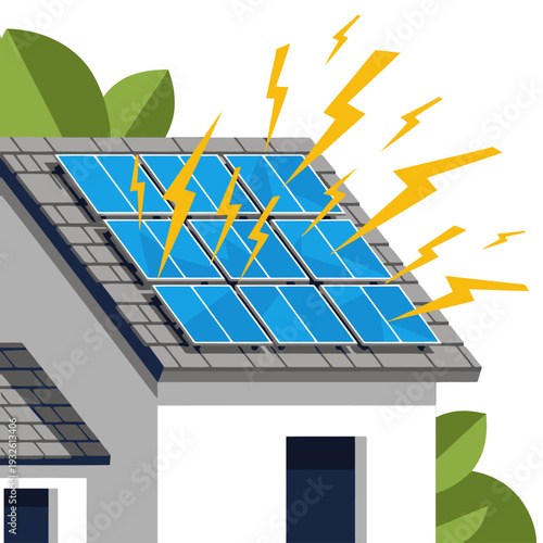 A modern illustration showcases a photovoltaic solar panel system on a house, energized by lightning bolts. It promotes clean energy and a sustainable future. Bright, dynamic, and visually appealing.