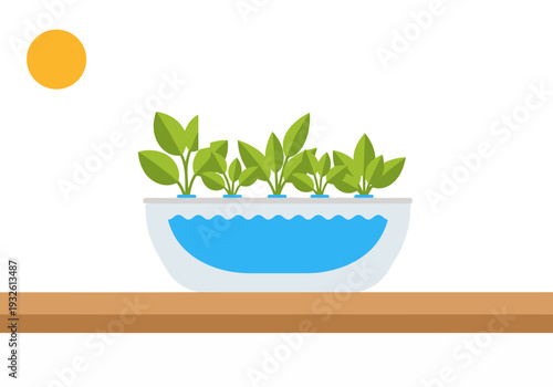 A modern kitchen hydroponic system thrives with leafy greens, illuminated by sunlight. Eco-friendly and visually appealing, perfect for lifestyle and sustainability concepts.