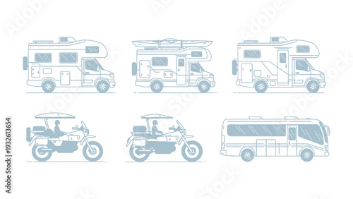 Vehicle Lineup: A diverse collection of modern vehicles, each rendered in a clean, minimalist style, perfect for illustrating the concept of travel and transportation.