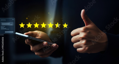 A person giving a five star review on their phone