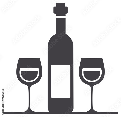Wine Bottle and Glasses Silhouette Icon Black and White Illustration