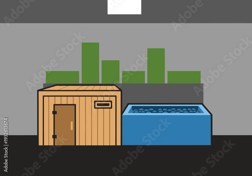 A modern wellness center features a sauna and plunge pool. Clean lines and a minimalist design create a serene and inviting atmosphere. Ideal for health, relaxation, and lifestyle visuals.