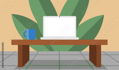 A modern workspace featuring a laptop, coffee cup, and lush plant. Perfect for remote work visuals. Clean, bright, and inviting.
