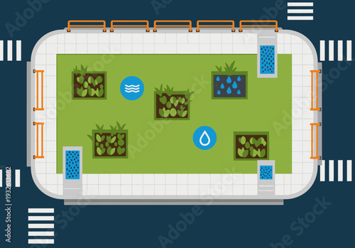 A modern streetscape rain garden illustration showcases a green, sustainable urban design. It?s a visually appealing concept for eco-friendly city planning and green infrastructure.