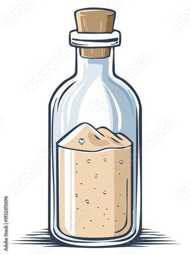Glass bottle illustration with sand and cork stopper