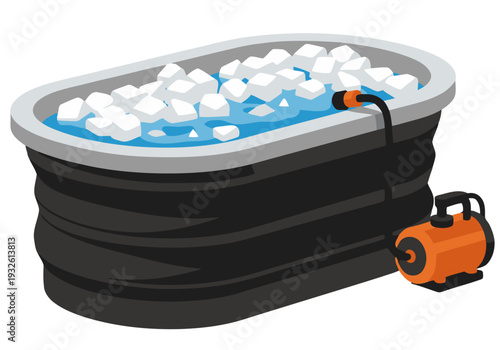 A portable ice bath home features a bathtub filled with ice and a pump. Modern, minimalist design. Ideal for health, wellness, or lifestyle visuals.