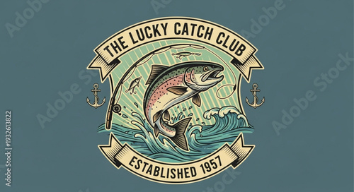 Vintage fishing club emblem featuring a leaping fish and established date.