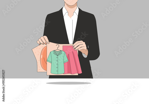 A professional woman examines a fabric swatch with a garment hanger, showcasing designer material fashion. Clean, modern illustration.