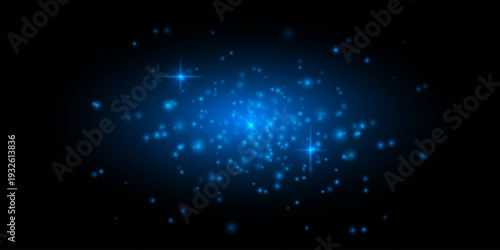 Glowing starburst particles composition. Bright white sparkles, scattered light dots, radiant flare shapes, soft haze center, dark gradient backdrop luminous cosmic atmosphere, floating shimmer effect